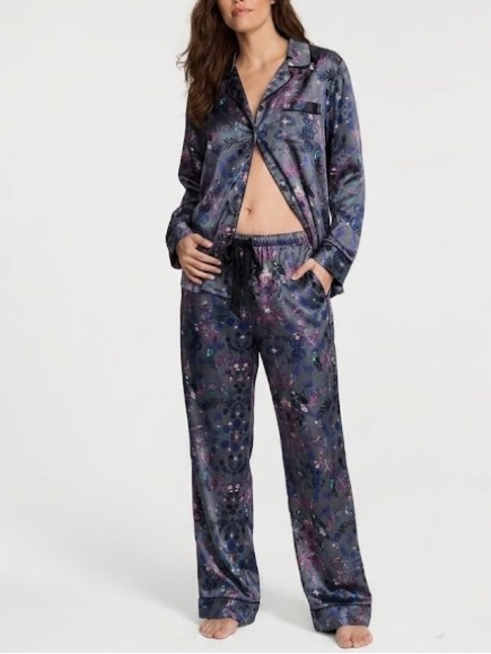 Victoria Secret Soft Silky Satin Long Pajama Set Gray Midnight Floral Size M